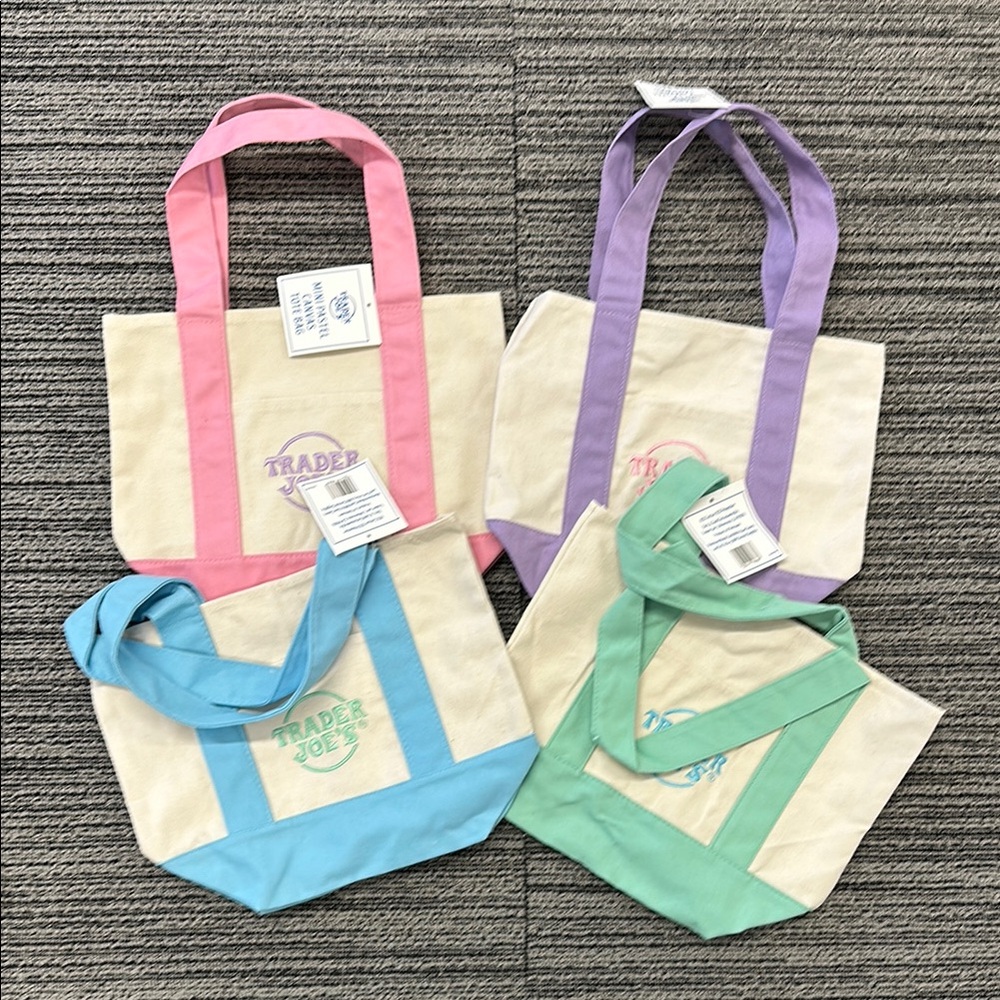 🔥🔥🔥NEW Trader Joe’s Mini Pastel Canvas Tote Bag Set - Pink, Purple, Blue, Green